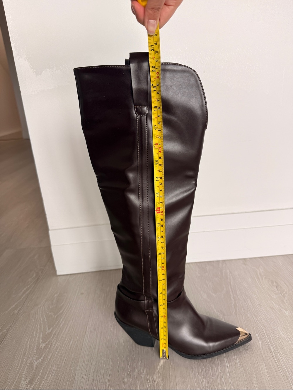 Brown Leather Knee-High Boots with Gold Toe Caps - Picture 6 of 6